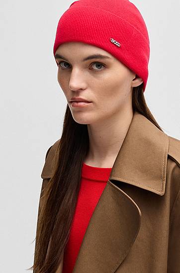 Kulicha BOSS BOSS Wool and Cashmere Beanie with Logo Trim Červená | 50524276, 1