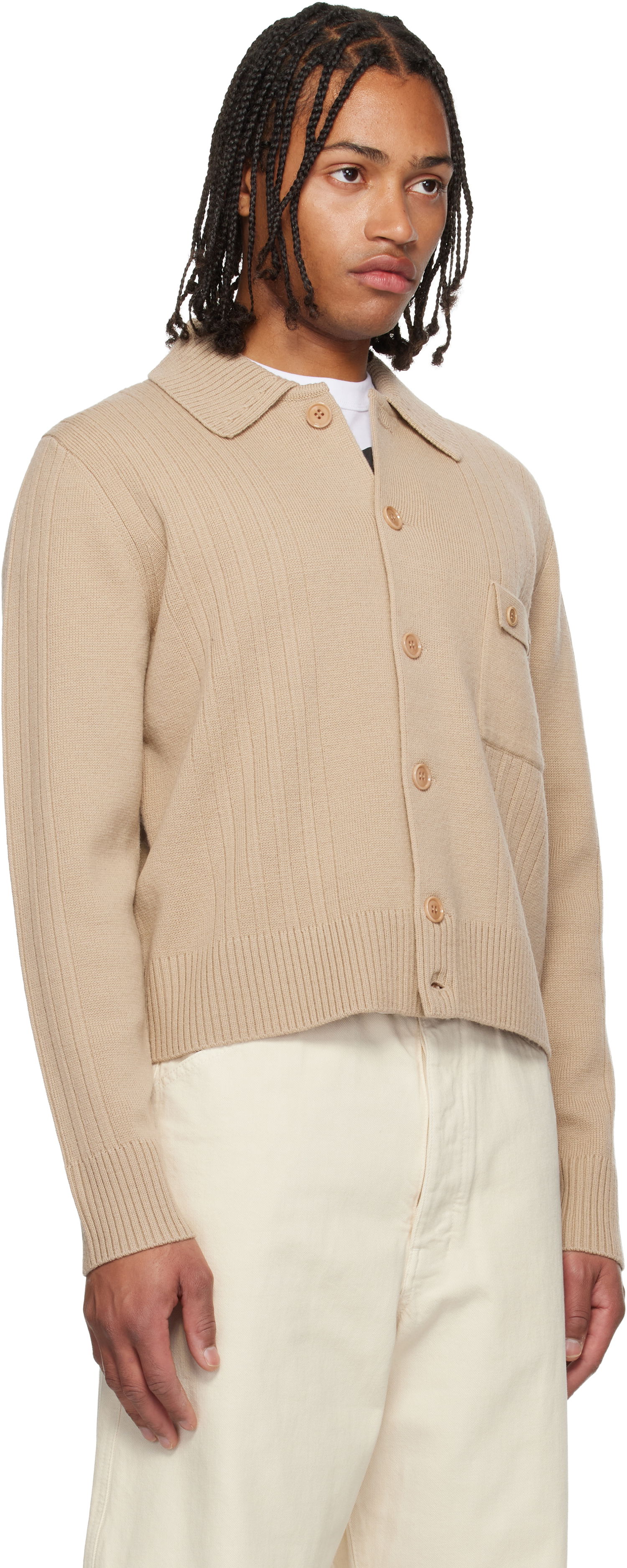 Sveter Dries Van Noten Collared Rib Knit Wool Cardigan with Patch Pocket Béžová | 252-021215-2707, 1