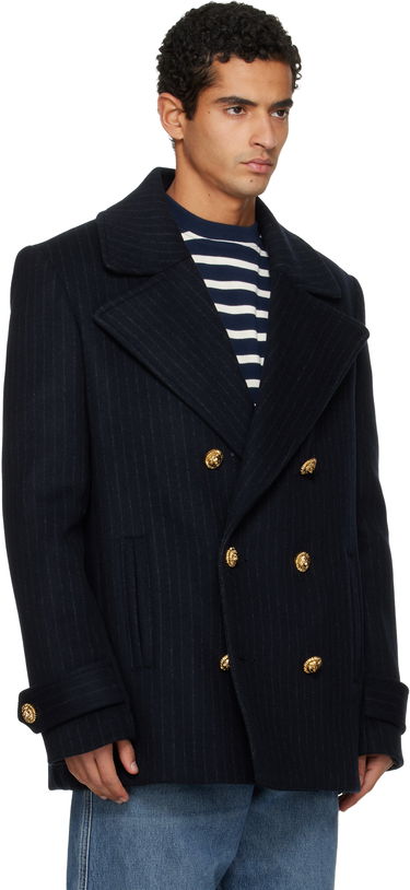 Kabáty Balmain Short Striped Wool Pea Coat Navy | FH0UA155WC87, 1
