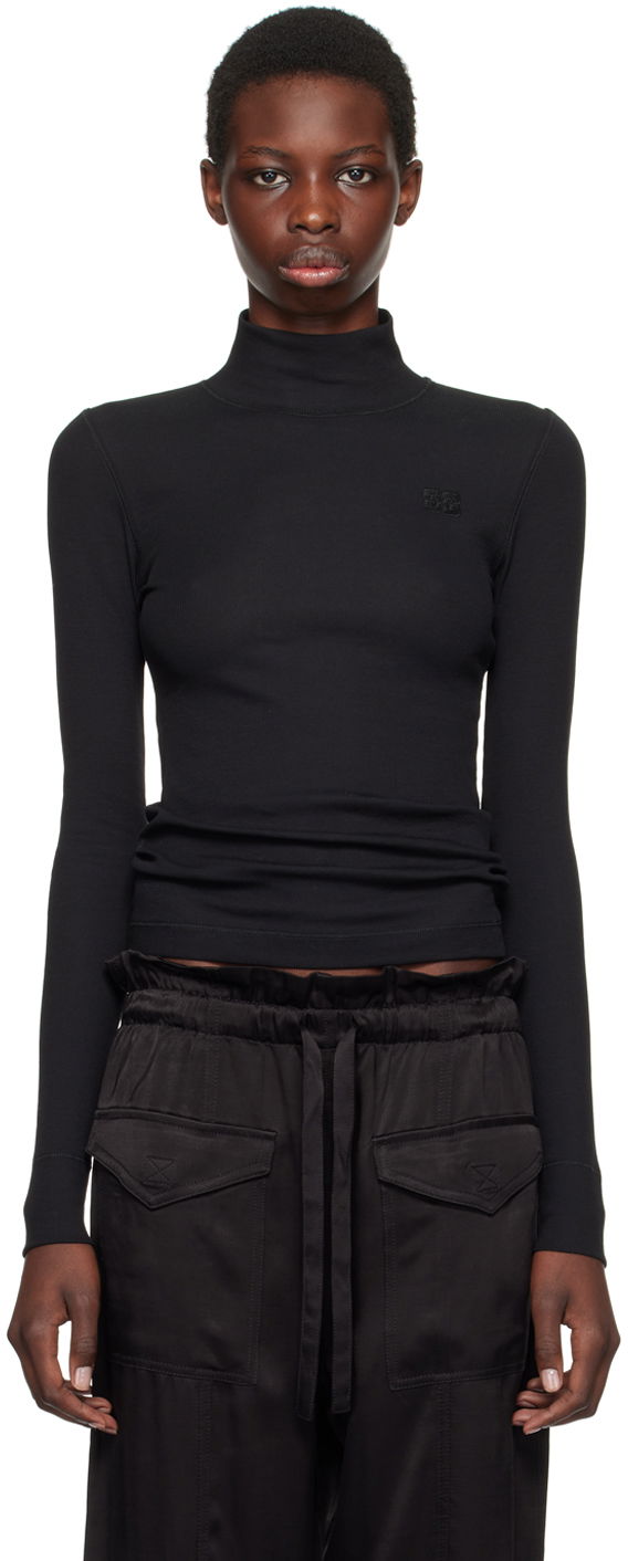Tričko GANNI Black Logo-Embroidered Long Sleeve T-shirt Čierna | T4026, 0