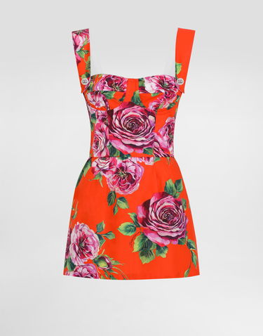 Šaty Dolce & Gabbana Dolce & Gabbana Rose Print Cotton Corset Mini Dress Červená | F7AO6THS5TIHO5JA, 0