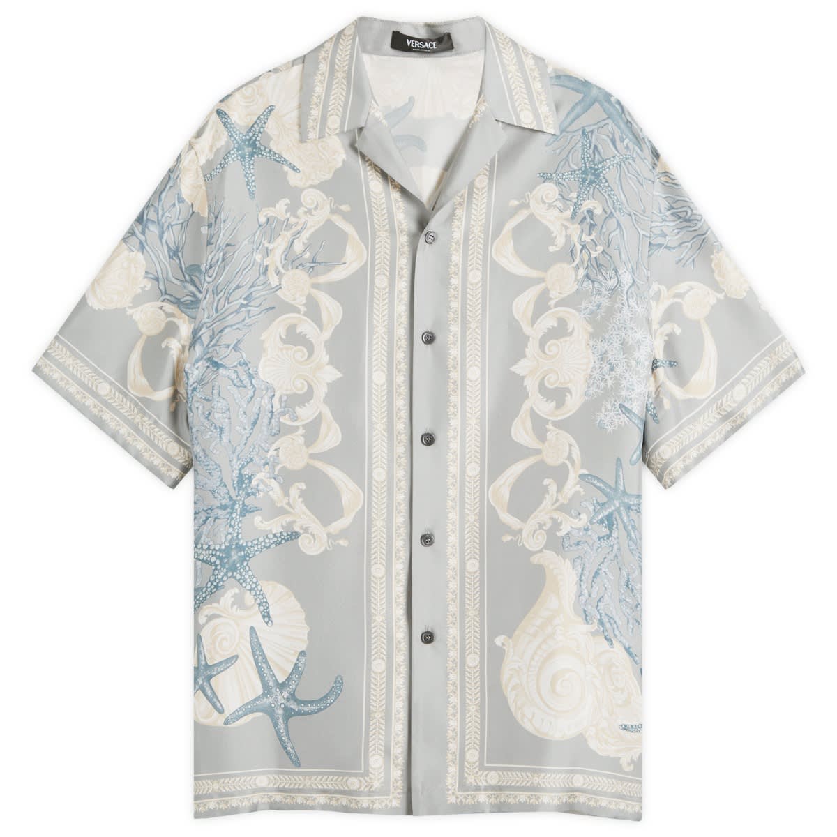 Košeľa Versace Men's Baroque Silk Vacation Shirt in Cocrete Dusty Blue Bone, Size 46 | END. Clothing Šedá | 1003926-1A11093-5E360, 0