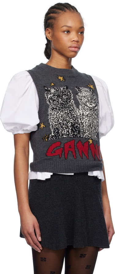 Sveter GANNI GANNI Graphic Cats Knit Vest Šedá | K2375, 4