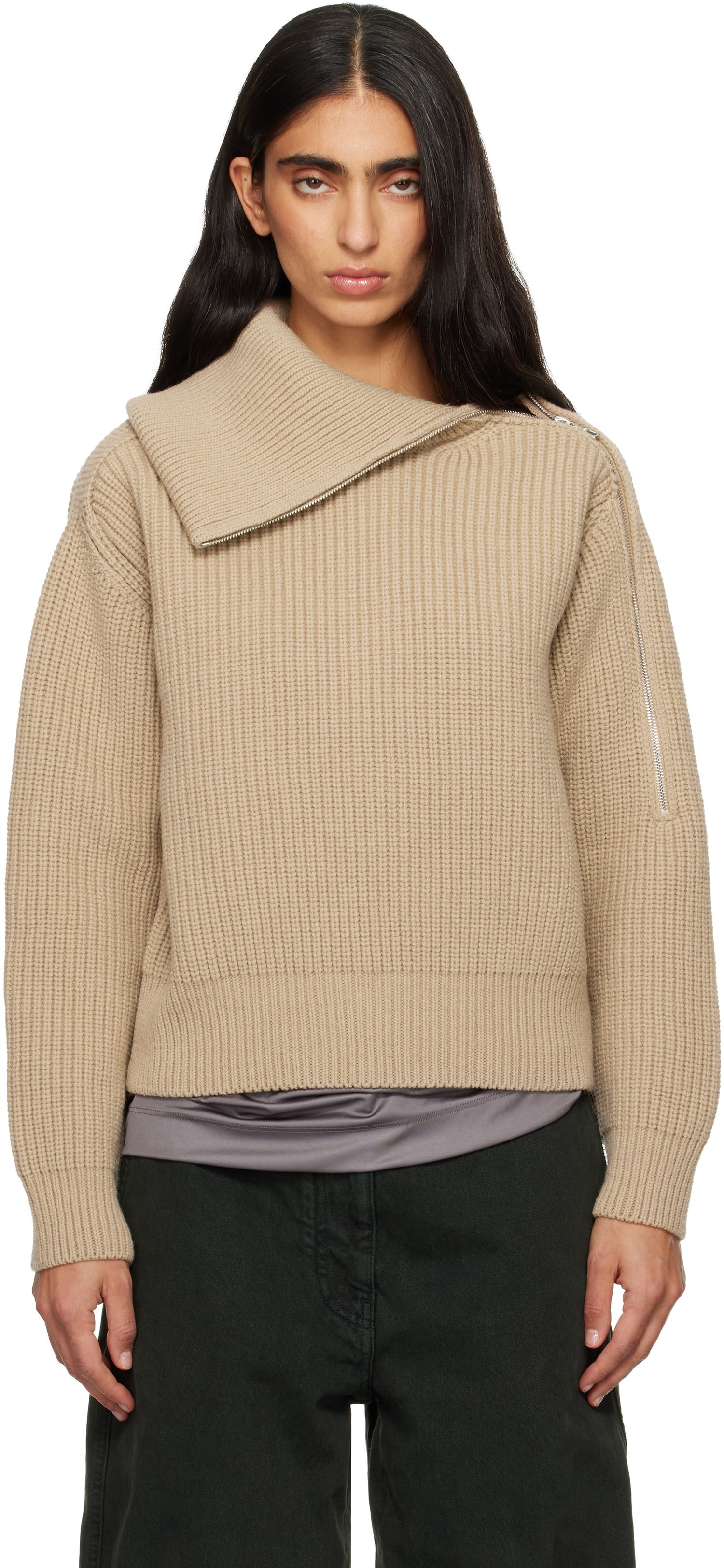 Sveter Dries Van Noten Dries Van Noten Ribbed Wool Knit Sweater with Asymmetric Zipped Collar Béžová | 252-011235-2707, 0