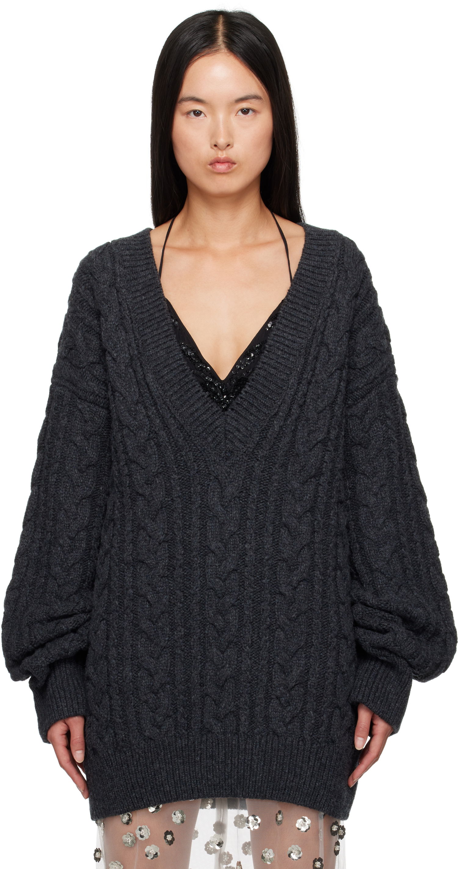 Sveter Cecilie Bahnsen Alia V-Neck Knit Sweater Šedá | 3.24KNI51005 ALIA JUMPER, 0