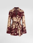Rose-print Charmeuse Belted Vanity Shirt