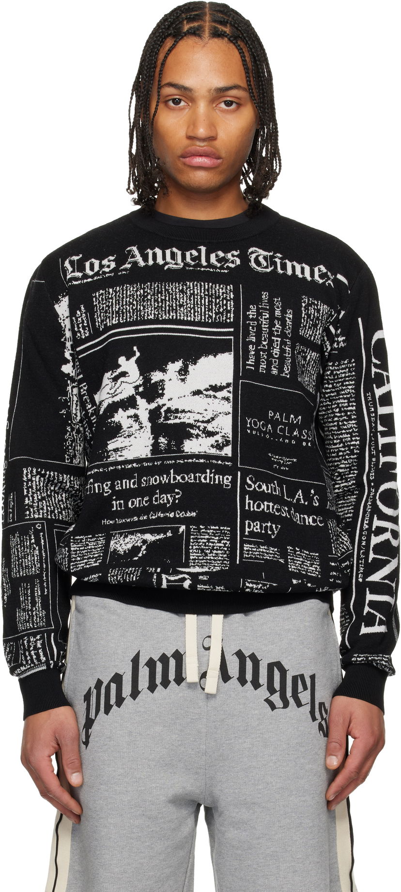 Sveter Palm Angels LA Times Edition Newspaper Print Sweater Čierna | PMHE058F25KNI0011005