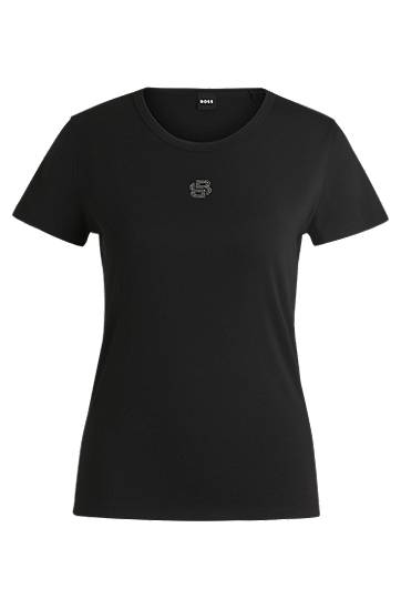Tričko BOSS Cotton T-Shirt with Crystal Monogram Čierna | 50528826, 0