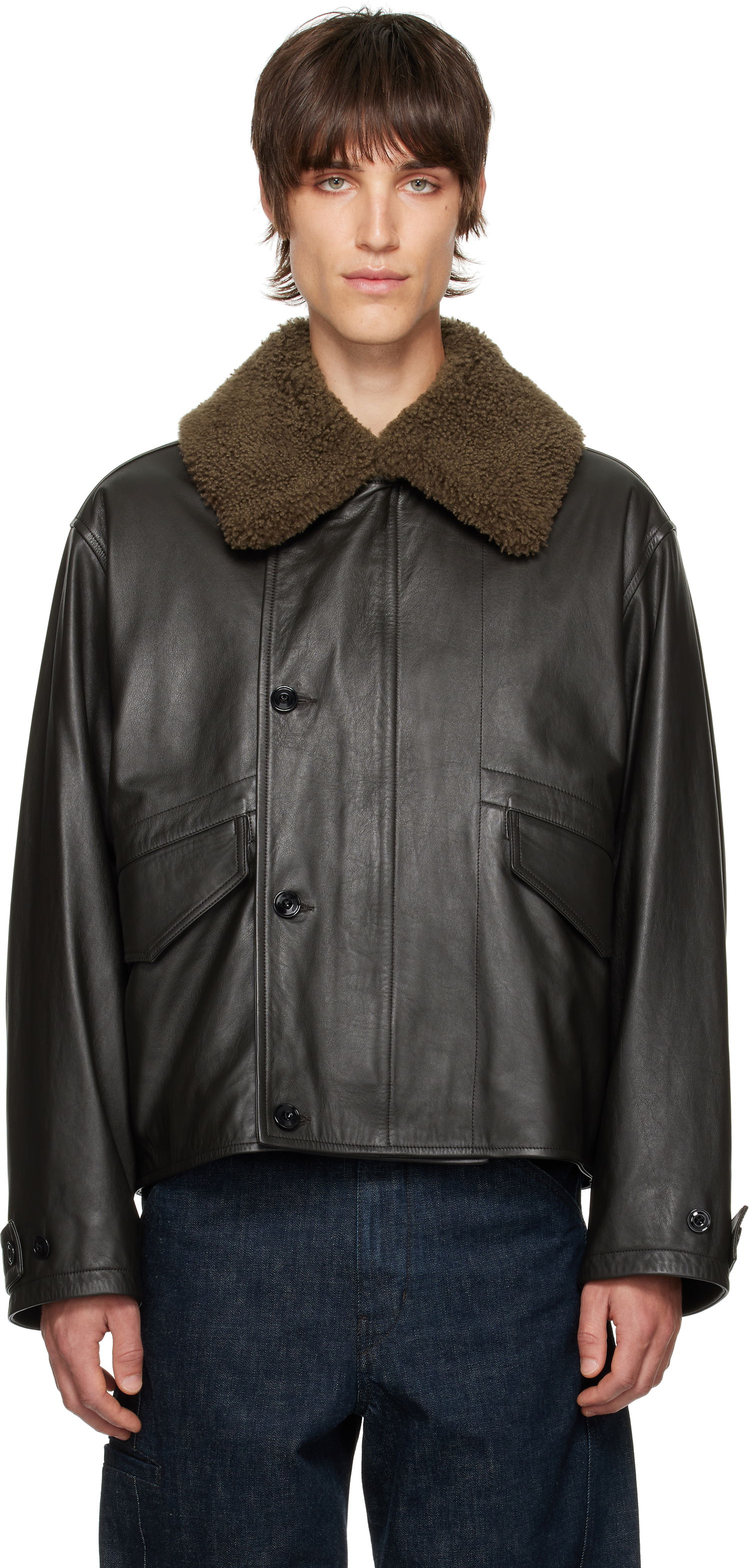 Bomber bunda LEMAIRE LEMAIRE Shearling-Collar Leather Jacket Čierna | OW1101 LL0095, 0