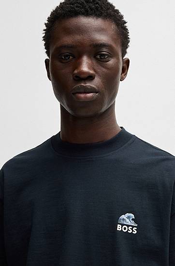 Tričko BOSS BOSS Slub-Cotton T-Shirt with Wave Graphic Navy | 50540520, 1