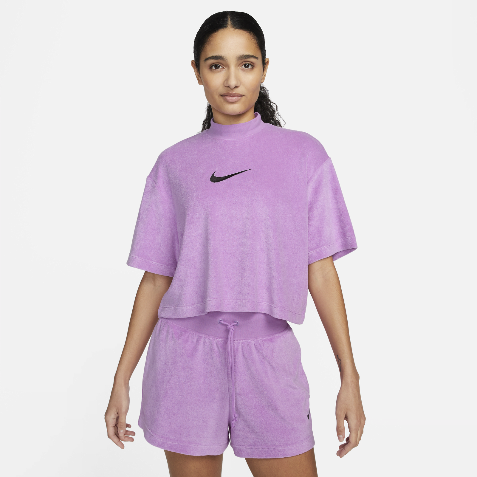 Cropped Terry Mock Neck Short Sleeve T-Shirt