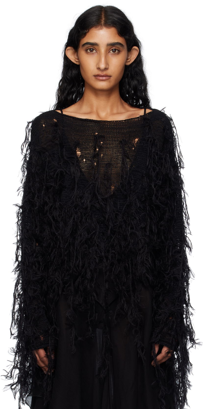 Sveter Ann Demeulemeester Ann Demeulemeester Vilta Distressed Knit Sweater Čierna | B0012850-KN064-099