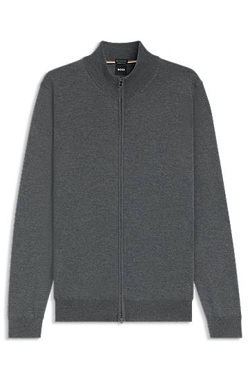 Sveter BOSS Virgin Wool Zip-Up Cardigan with Embroidered Logo Šedá | 50476347