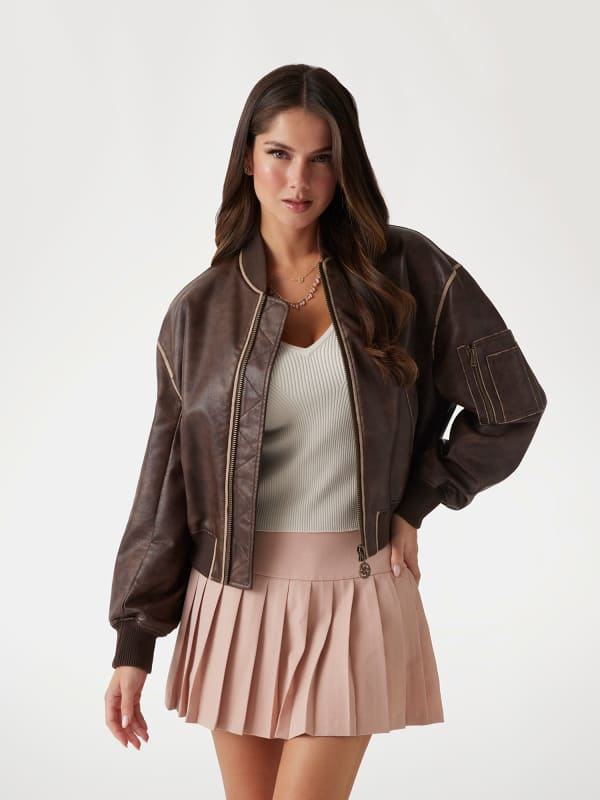 Bomber bunda GUESS Faux Leather Bomber Jacket Hnedá | W5RL21WGW40, 0