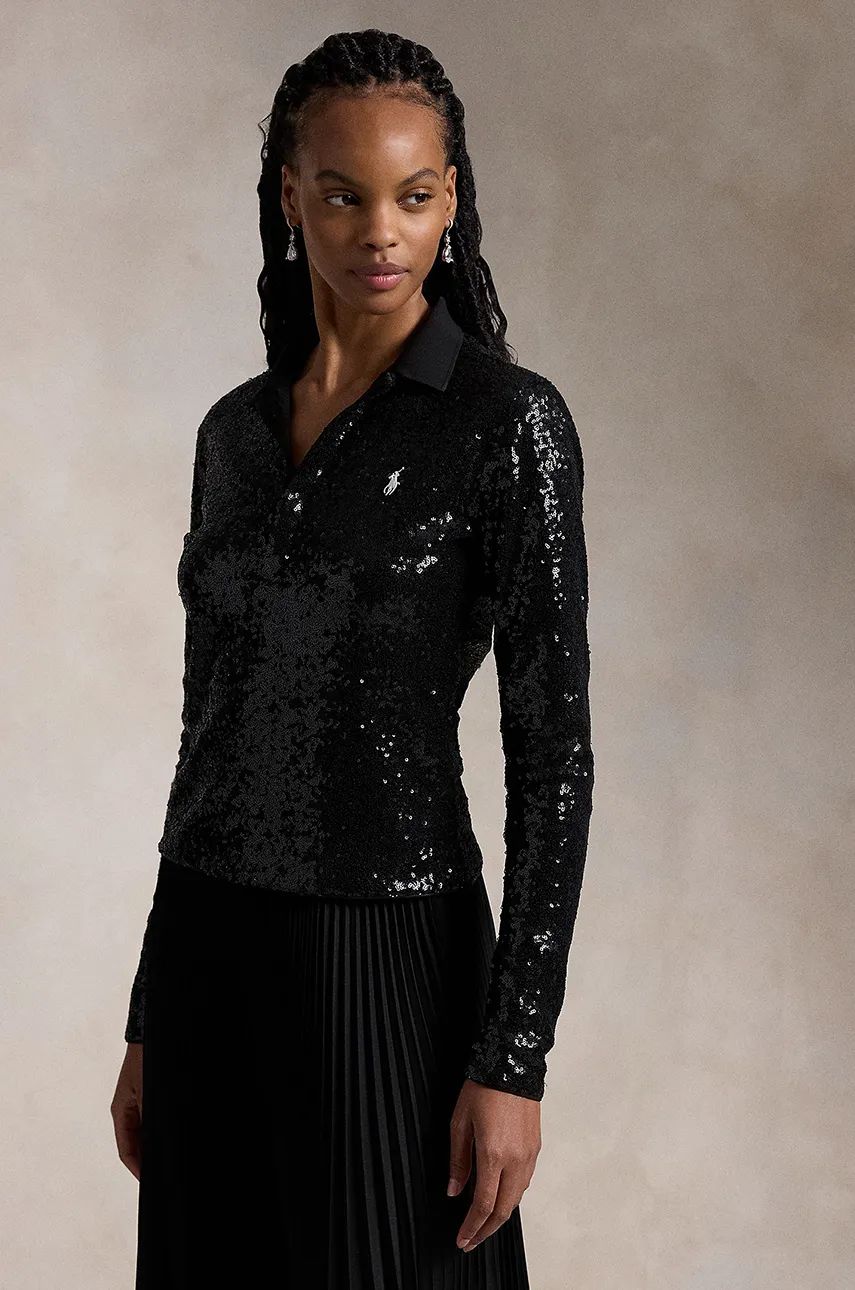 Polo tričko Polo by Ralph Lauren Sequined Long Sleeve Polo Shirt Čierna | 211955429, 0