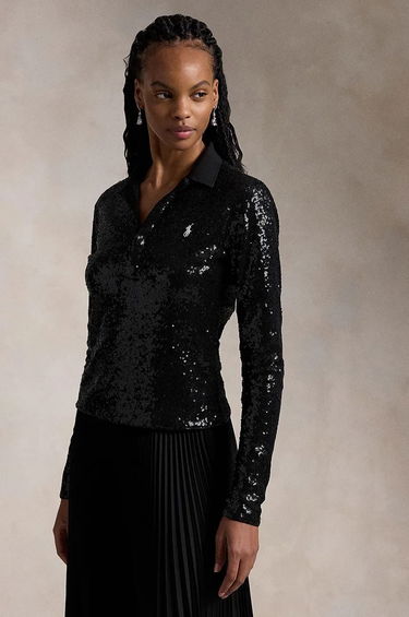 Polo tričko Polo by Ralph Lauren Sequined Long Sleeve Polo Shirt Čierna | 211955429, 0