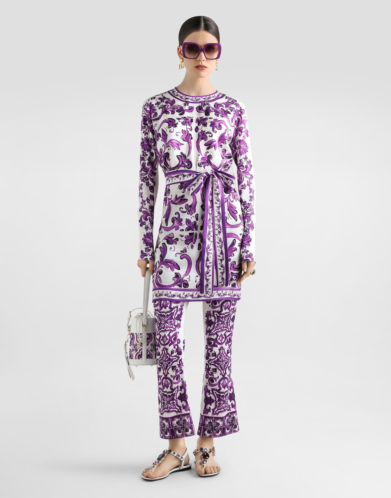 Nohavice Dolce & Gabbana Dolce & Gabbana Majolica Print Silk Flare Trousers Fialová | FTAG7THPABPIP3TN, 1