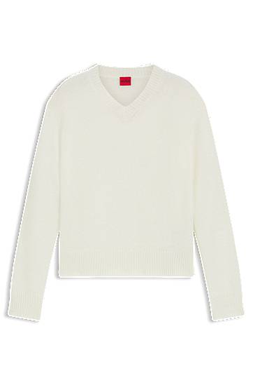 Sveter BOSS Wool Blend V-Neck Sweater with Logo Biela | 50545092