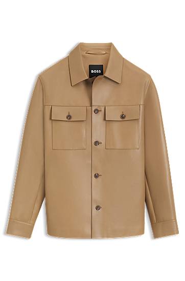 Bunda BOSS Shirt-style leather jacket with flap pockets Béžová | 50543222