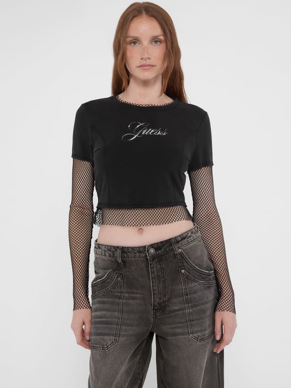 Stretch Cotton Cropped T-Shirt With Mesh Sleeves