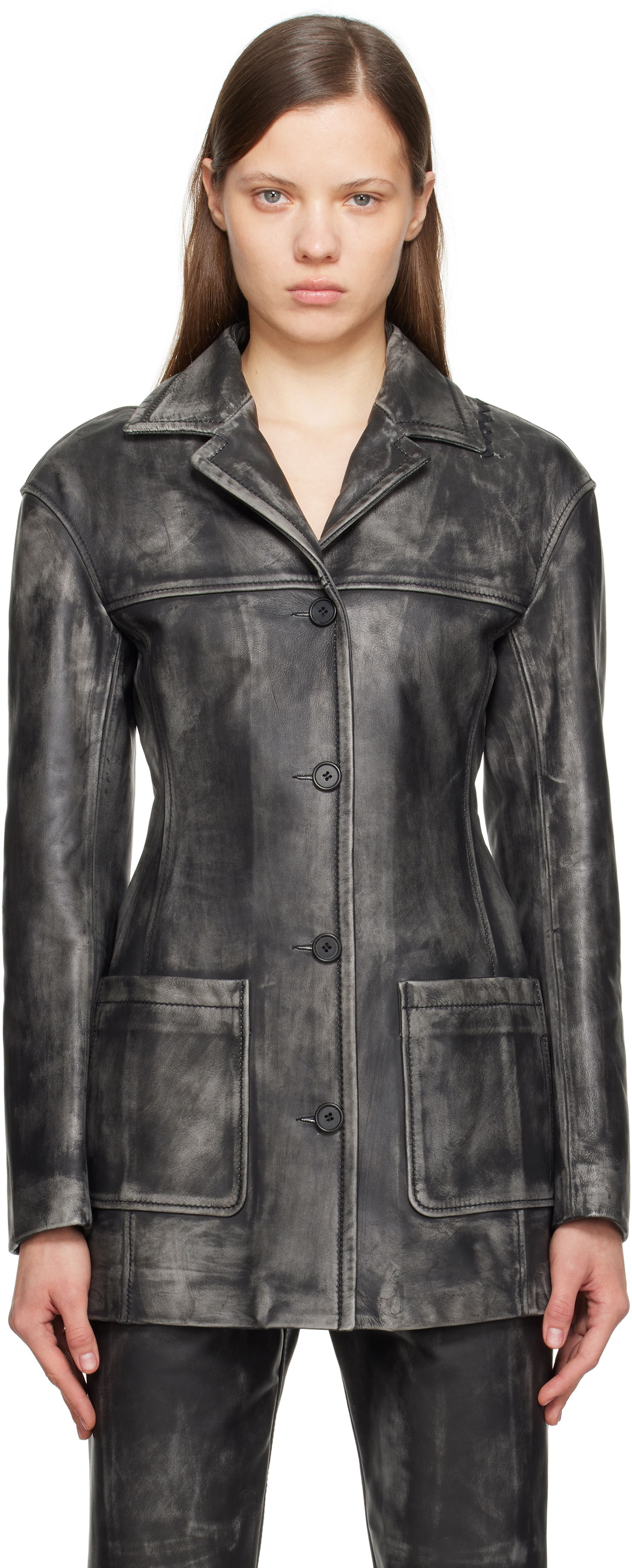 Bunda Marni Marni Leather Jacket with Logo Embroidery Šedá | GIMX0277SU ULV880, 0