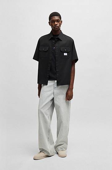 Košeľa BOSS Oversized Cotton Twill Shirt with Logo Patch Čierna | 50517871, 1