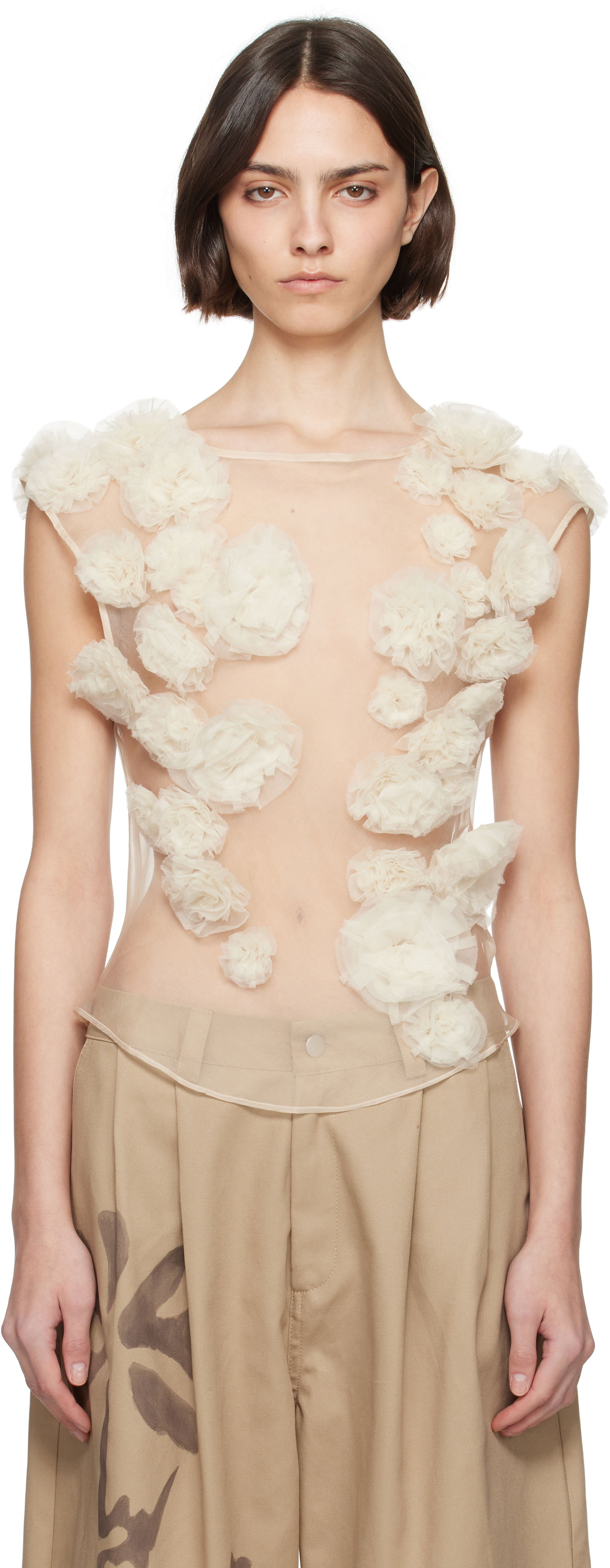 Tielko Collina Strada Collina Strada Meadow Path Floral Appliquéd Tulle Tank Top Béžová | XX3057, 0