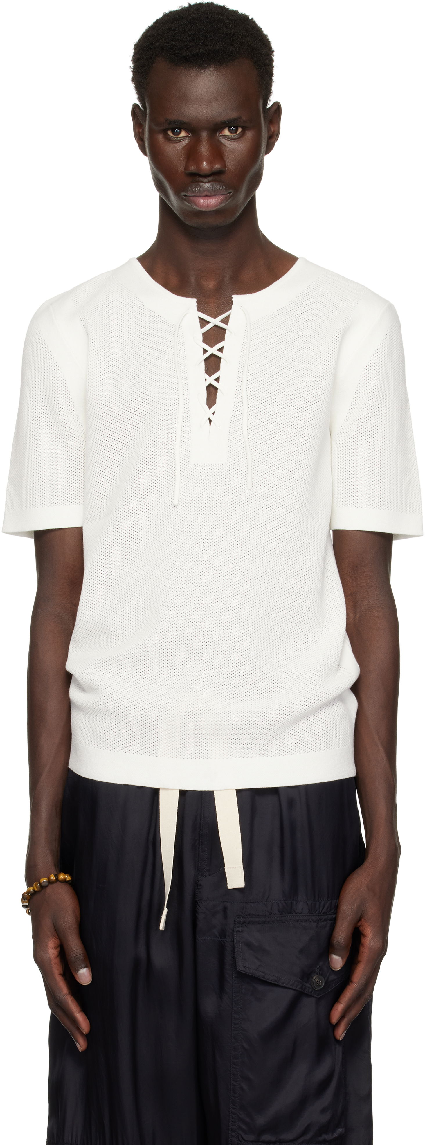 Tričko Dries Van Noten Dries Van Noten Knit Lace-Up T-Shirt Biela | 251-021201-1701, 0