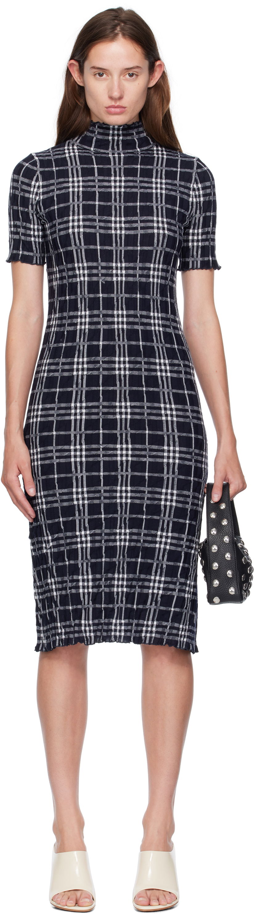 Šaty Burberry Burberry Check Wool Blend Midi Dress Navy | 8111428