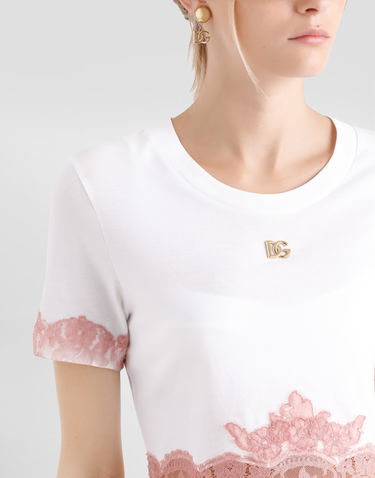 Crop Top Dolce & Gabbana Dolce & Gabbana Cropped Jersey T-Shirt with DG Logo and Lace Inserts Biela | F8V22TFU7EQW0800, 3