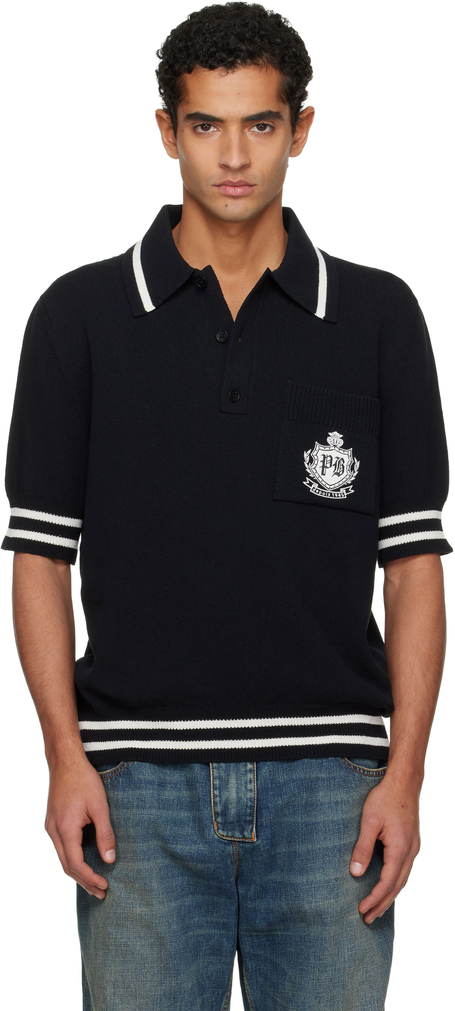 Polo tričko Balmain College Emblem Embroidery Knit Polo Čierna | FH0GB046KJ18, 0