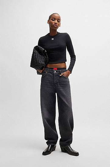 Crop Top BOSS HUGO Slim-Fit Cropped Jersey Top with Embroidered Logo Čierna | 50518378, 1
