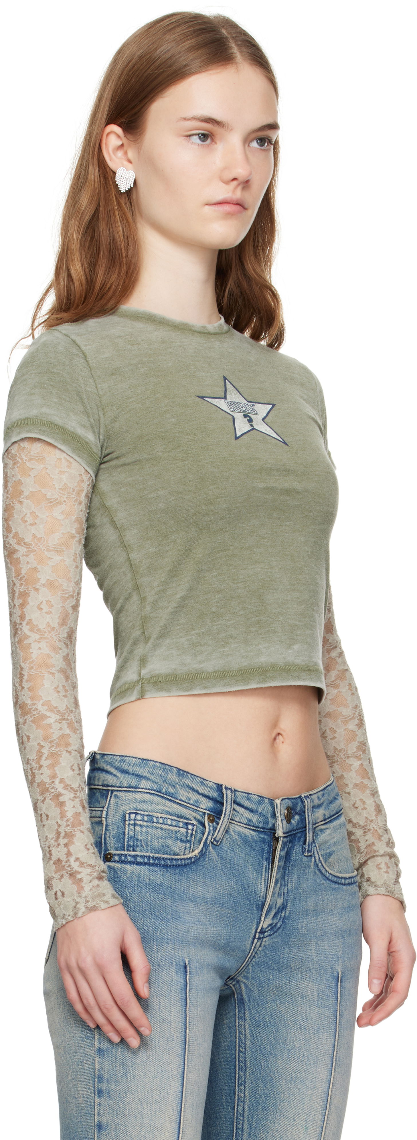 Crop Top GUESS GUESS Vintage Lace Crop T-Shirt Zelené | W4BP02KBB50, 1
