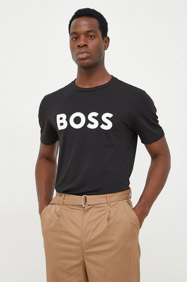 Tričko BOSS Cotton Jersey T-Shirt Rubber-Print Logo Čierna | 50481923, 0