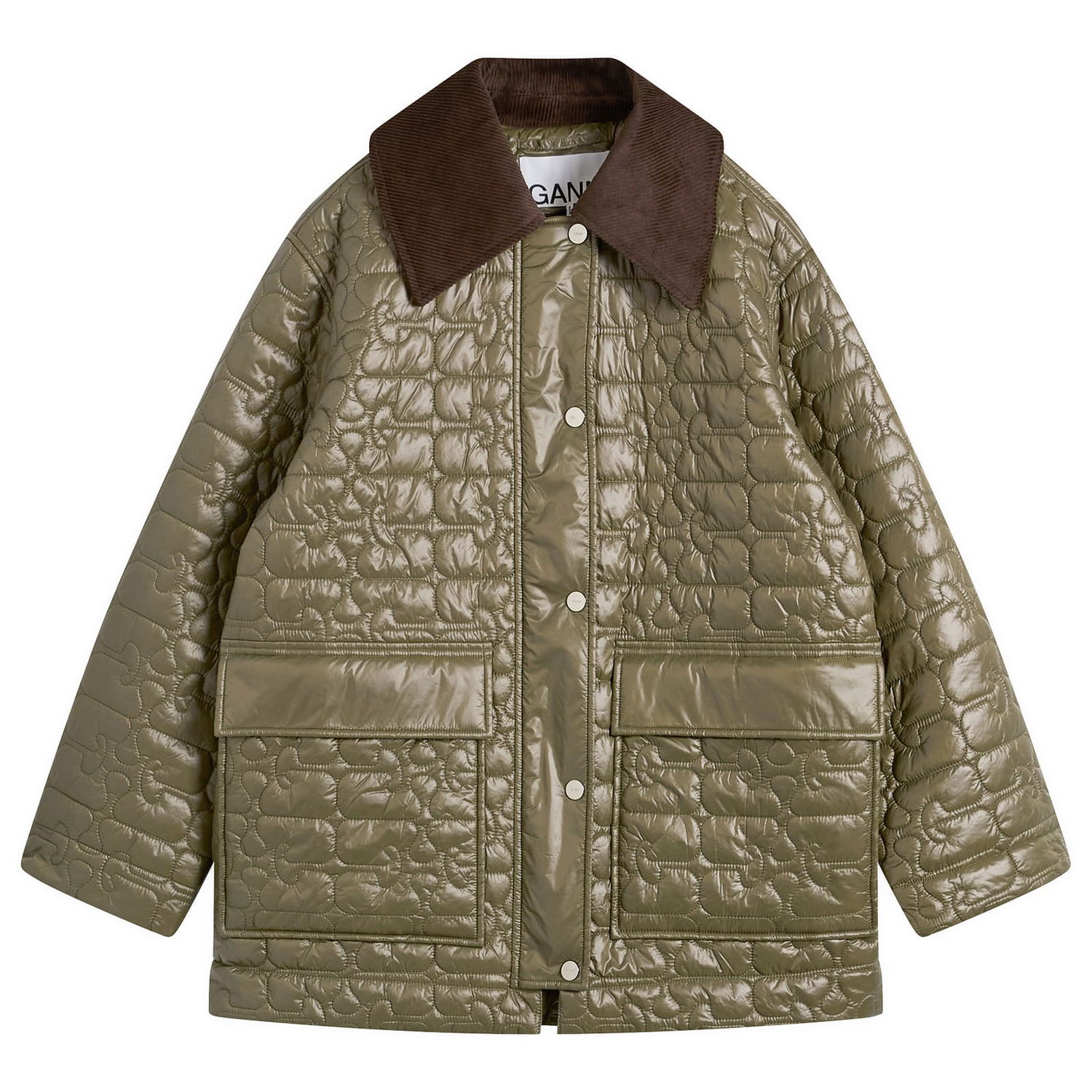 Bunda GANNI Shiny Quilted Jacket with Corduroy Collar and Front Pockets Zelené | A1010078-861, 0