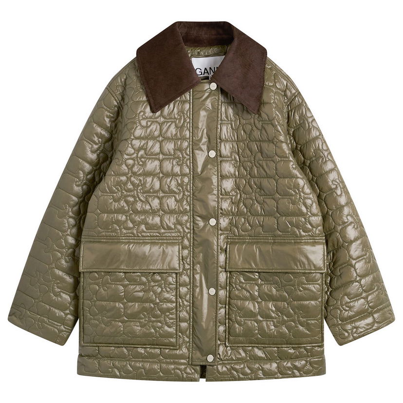 Bunda GANNI Shiny Quilted Jacket with Corduroy Collar and Front Pockets Zelené | A1010078-861
