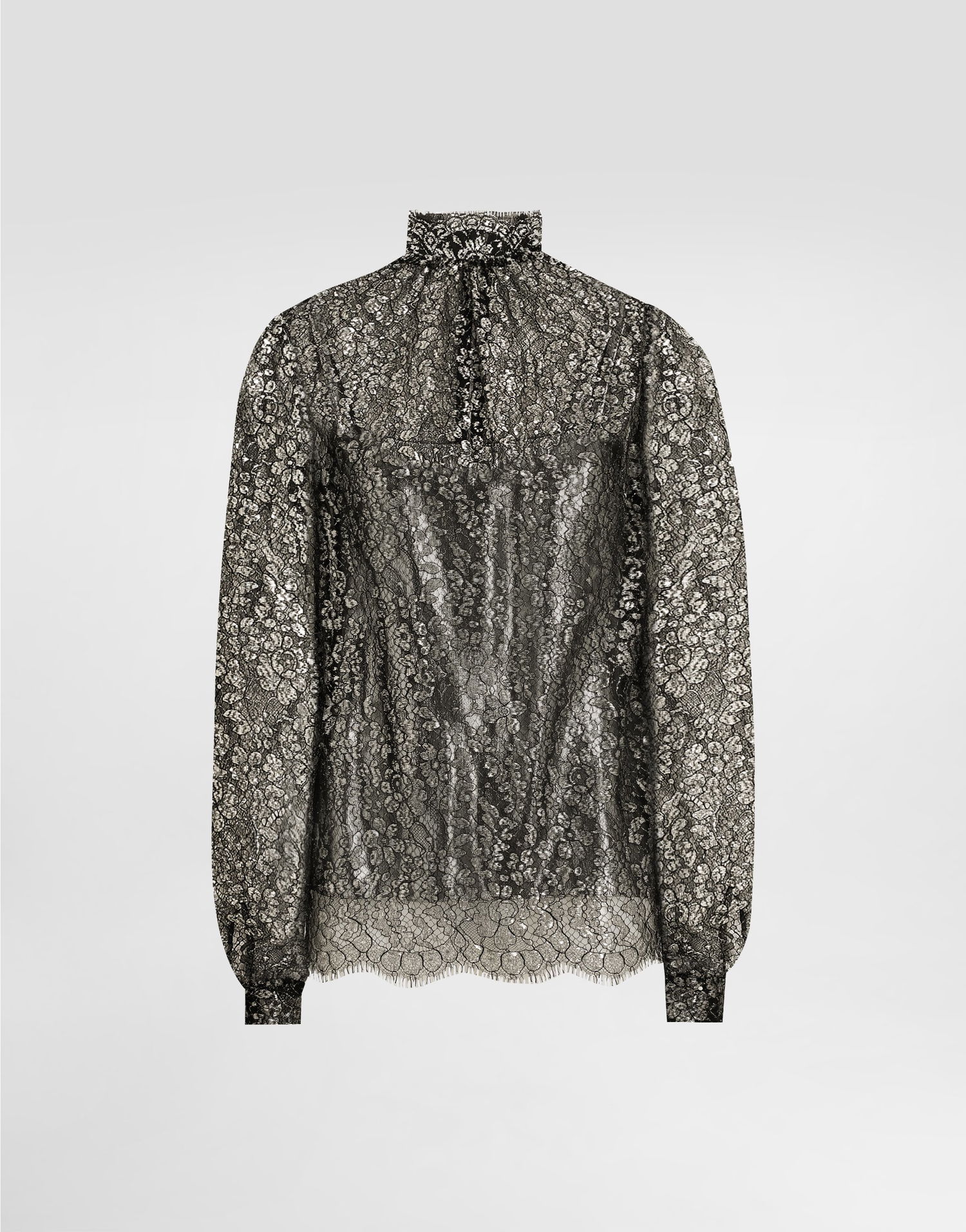 Košeľa Dolce & Gabbana High-neck Long-sleeve Lamé Lace Top with Scalloped Hem, Collection Metalická | F7BD7TILMCFS0998, 0