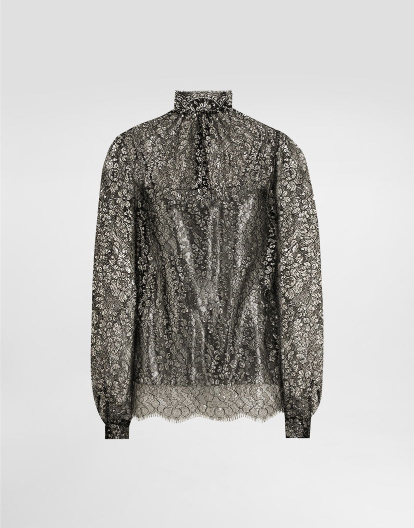 Košeľa Dolce & Gabbana High-neck Long-sleeve Lamé Lace Top with Scalloped Hem, Collection Metalická | F7BD7TILMCFS0998