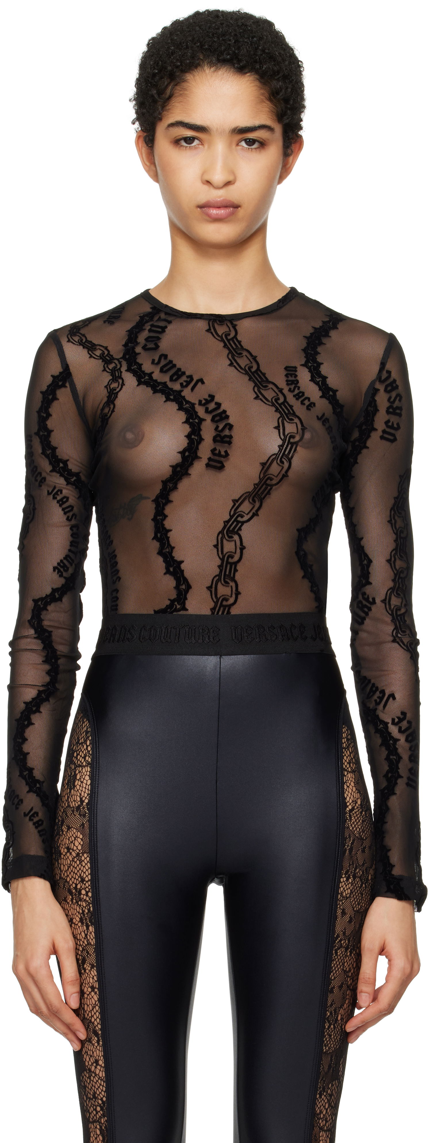 Tričko Versace Chain Couture Mesh Bodysuit Čierna | E77HAM2A1_EJS392, 0