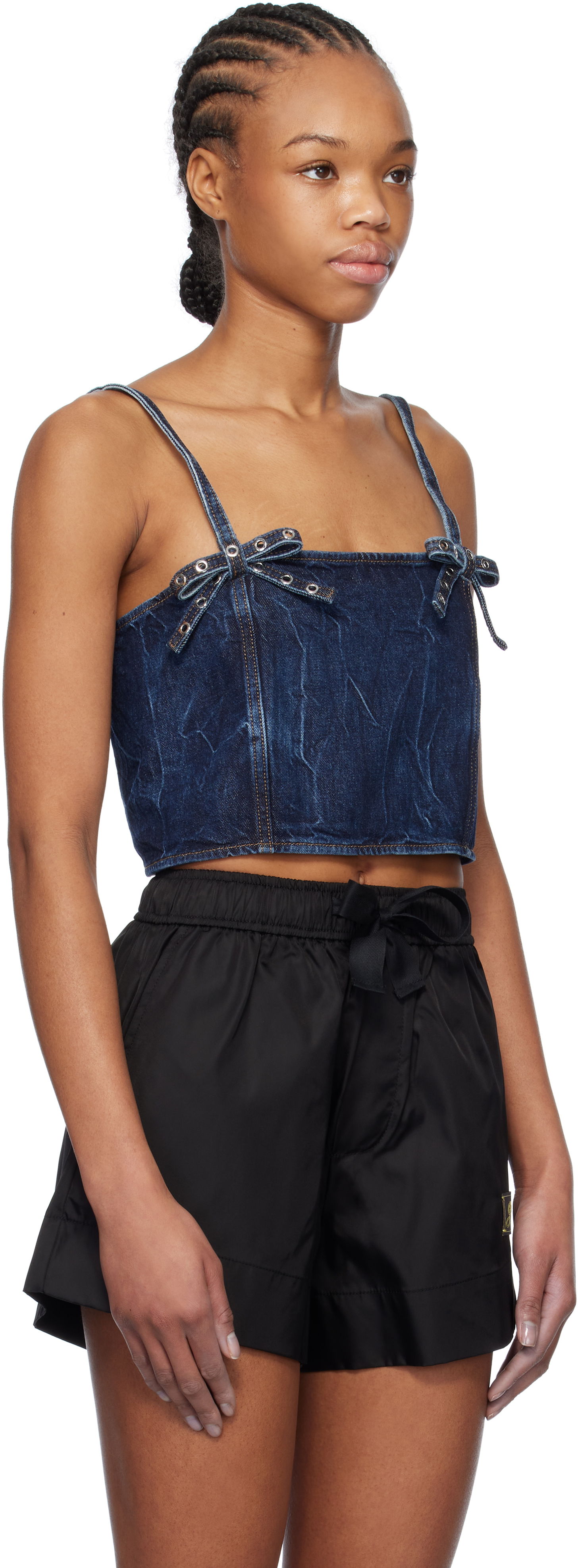 Tielko GANNI Blue Crinkled Future Denim Strap Top Navy | J1592, 1