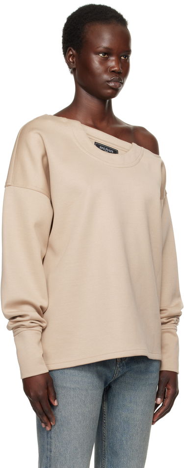 Sveter Balmain Balmain Asymmetrical Jersey Off-The-Shoulder Sweatshirt Béžová | EF1HU301JJ69, 1