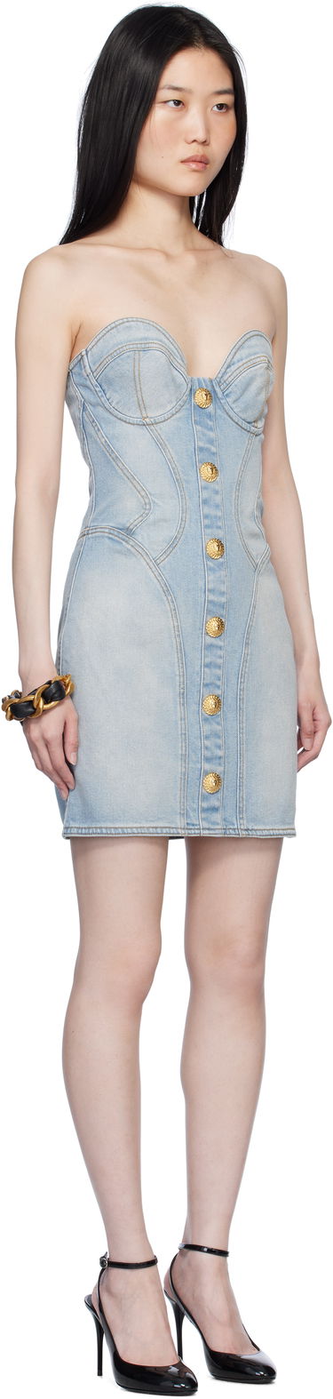 Šaty Balmain Buttoned Denim Minidress Modrá | EF1R1315DF23, 1