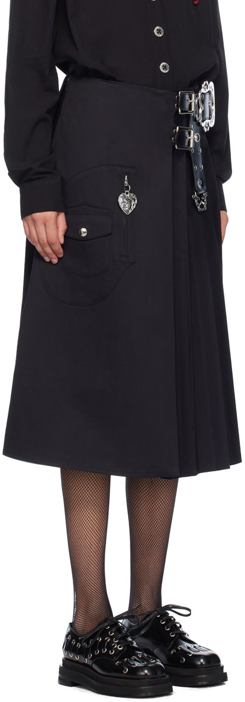 Black Midi Kilt Skirt With Belt And Pocket