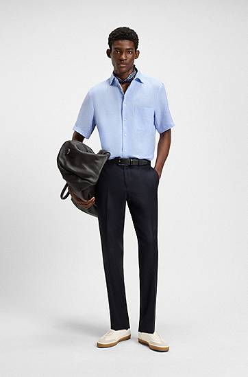 Košeľa BOSS BECKHAM x BOSS Regular-Fit Linen Shirt Modrá | 50548868, 1