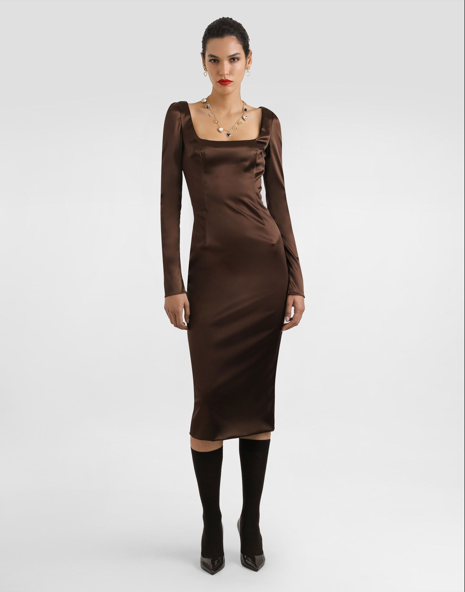 Šaty Dolce & Gabbana Dolce & Gabbana Stretch Satin Dress with Leopard Print Detail Hnedá | F6TYGTFURADM0694, 1