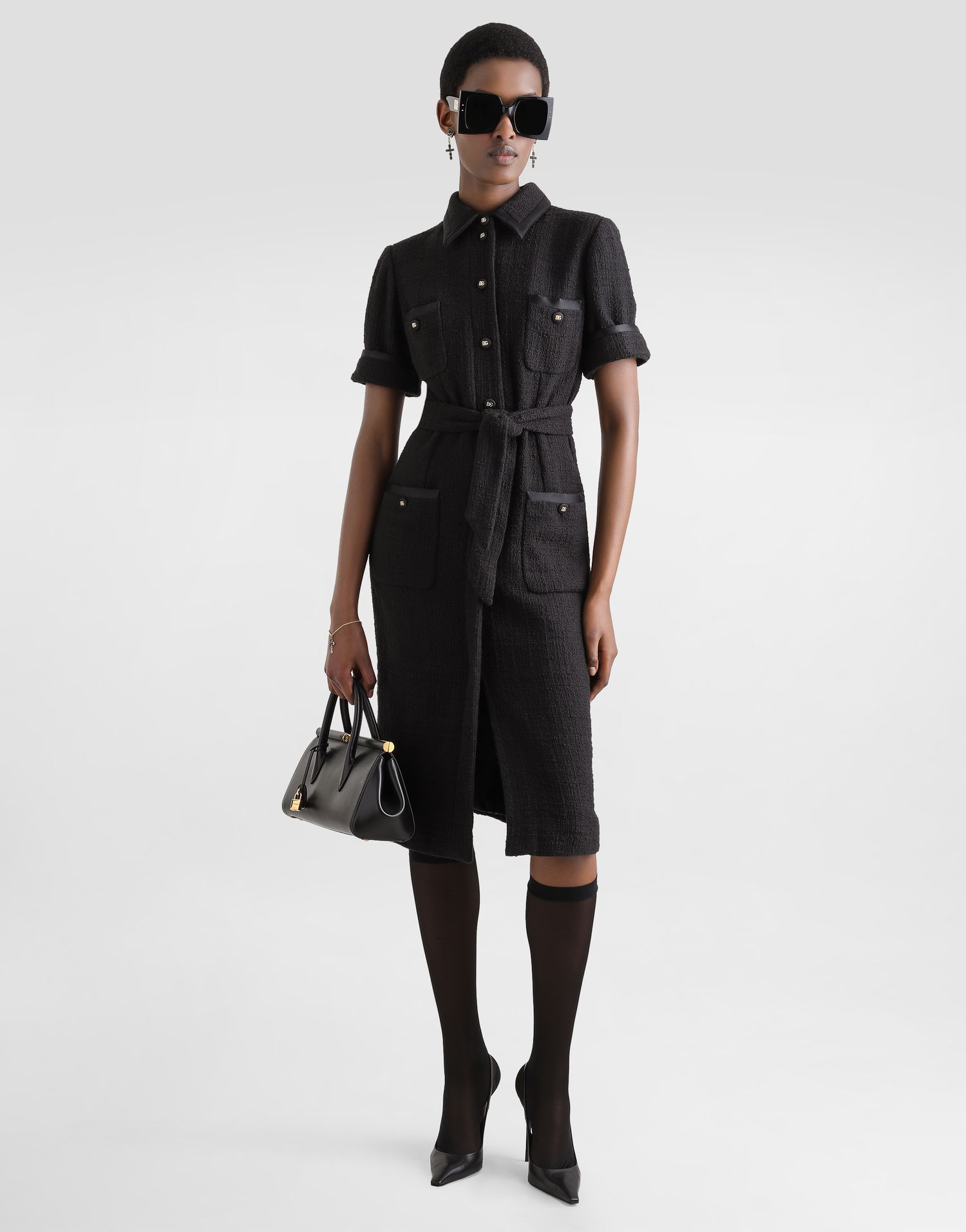 Šaty Dolce & Gabbana Dolce & Gabbana Calf-Length Raschel Tweed Dress with Sateen Details Čierna | F6JSZTFMTACN0000, 1