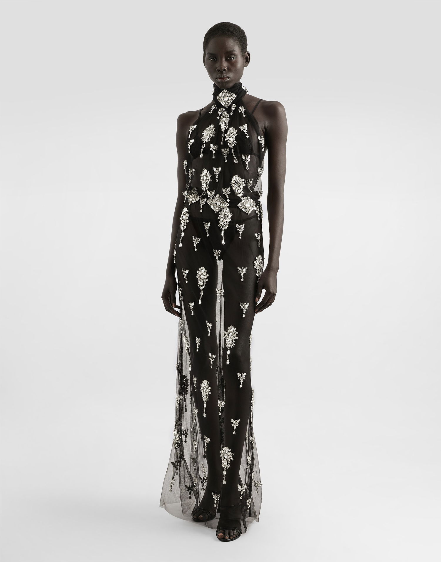 Šaty Dolce & Gabbana Dolce & Gabbana Rhinestone Embroidered Tulle Maxi Dress Čierna | F60D9ZGDDF3S8400, 1