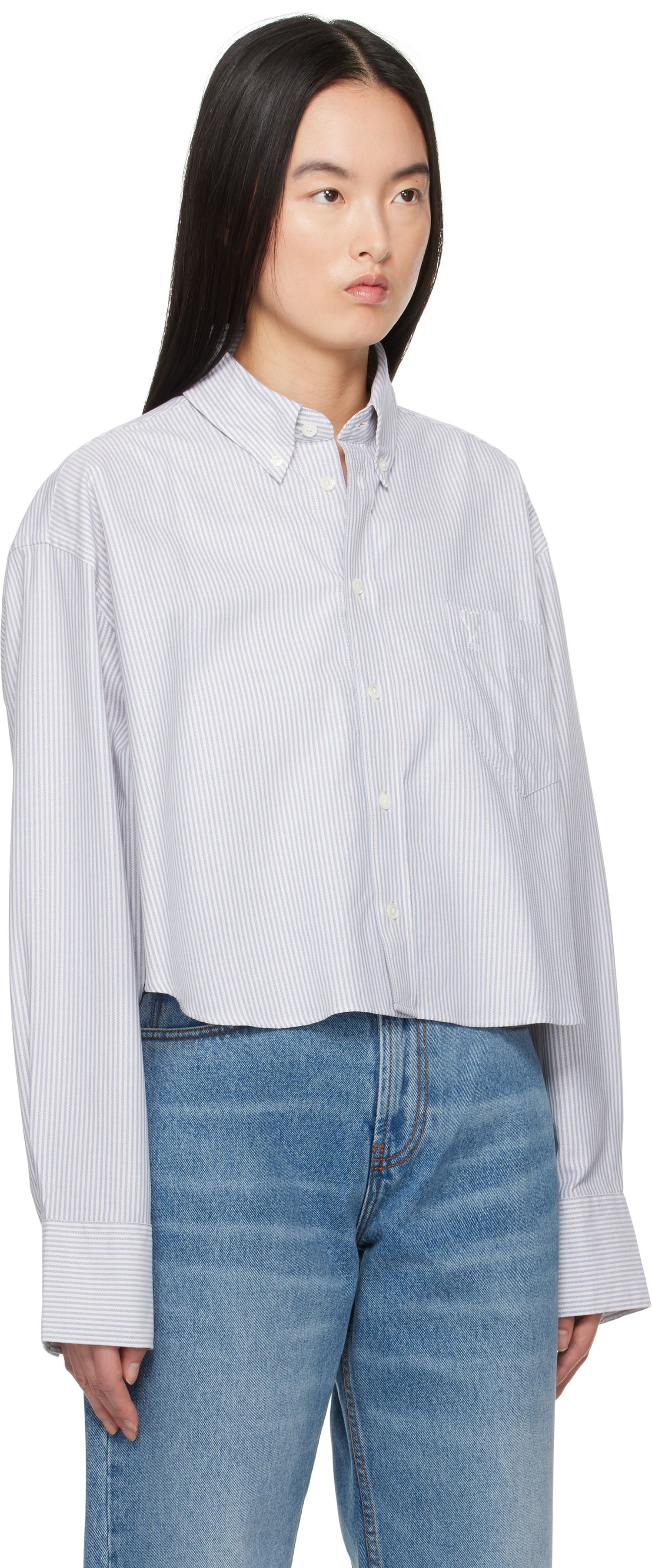 Košeľa AMI Cotton Cropped Oversized Striped Button-Down Shirt Modrá | USH123.CO0087, 1