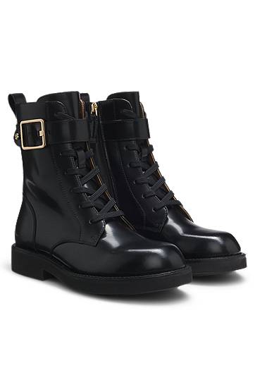 Tenisky a topánky BOSS Lace-up Leather Boots with Buckle Detail and Chunky Sole Čierna | 50552772