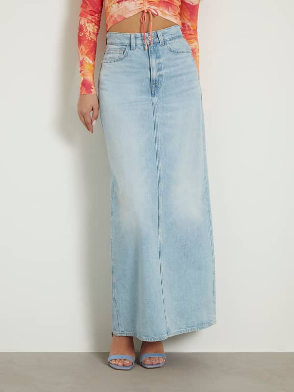 Sukňa GUESS Back Slit Denim Midi Skirt Modrá | W4GD53D5B66